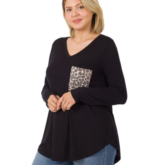 Long Sleeve Leopard print Pocket Black Flowy Top 1x-3x - Picture 1 of 2